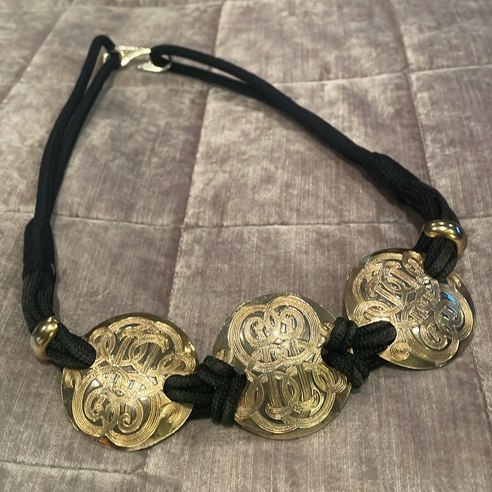 Gold Etched Disc Belt or Necklace Black Corded 33”